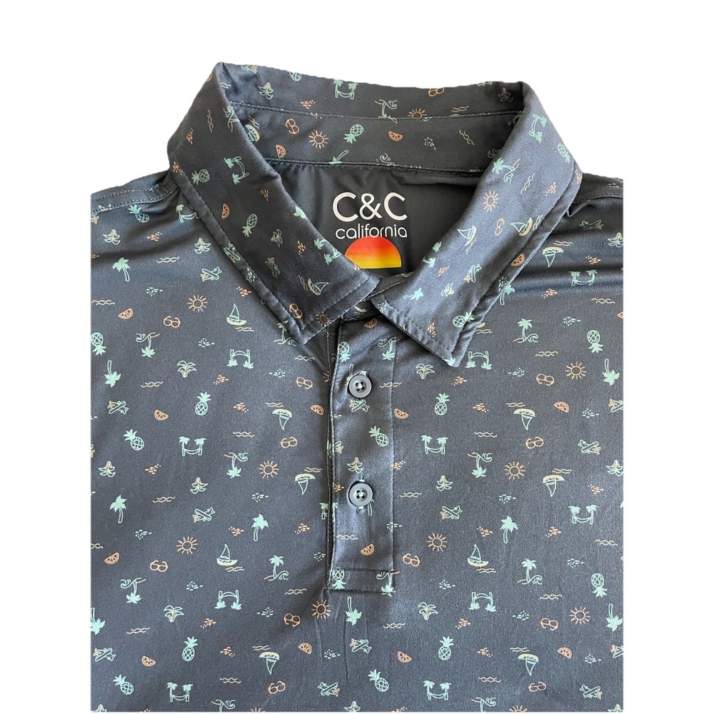 C&C California Men's Size Large Polo Shirt Gray Sailboats Pineapples Palm Trees